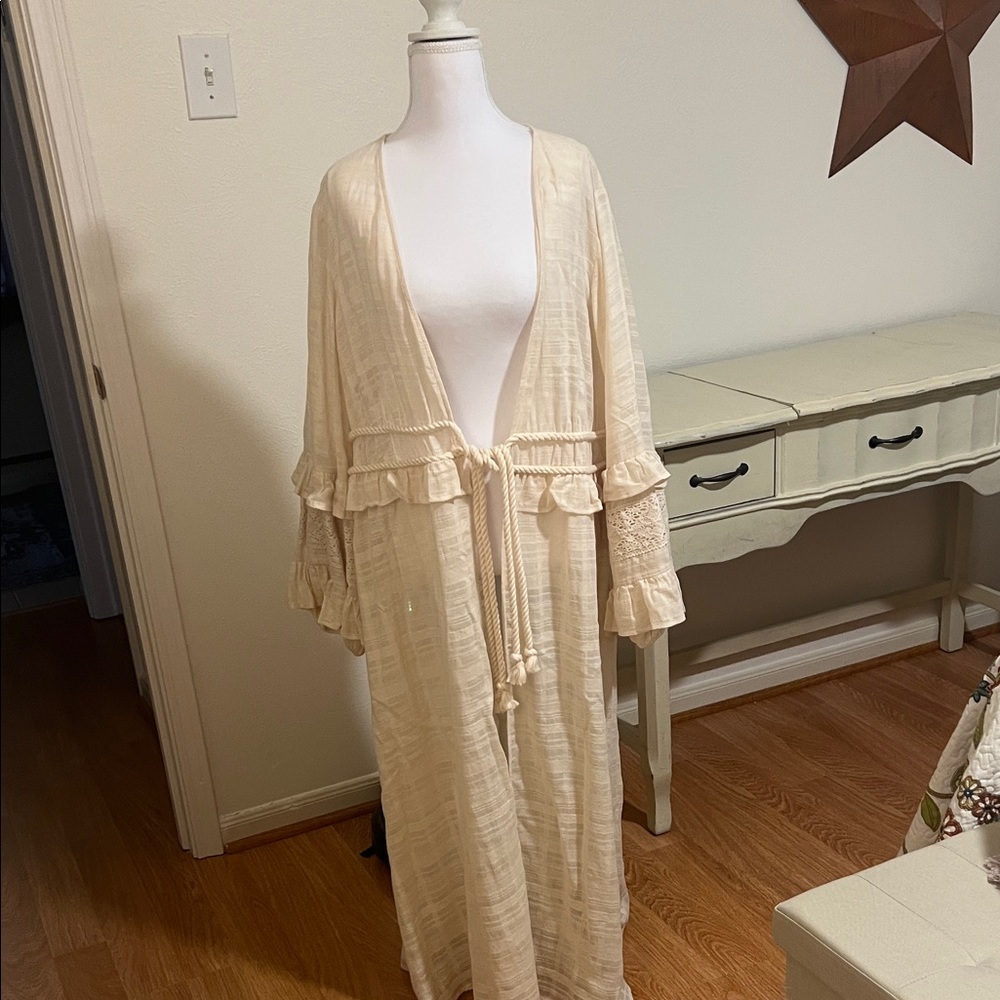 Cream Long Kimono with Ruffle Details
